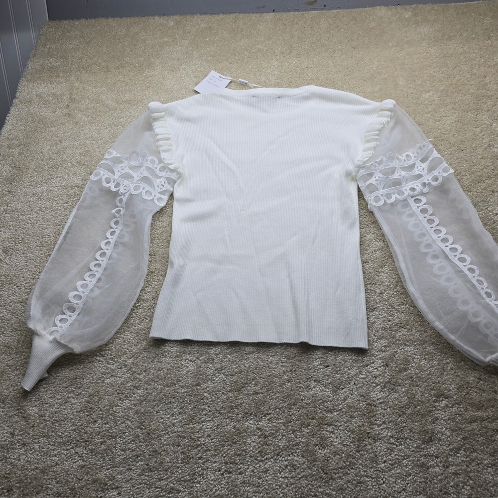 Siani‎ Milano White Ribbed Sheer Lace Sleeve Ruffle Top Womens Size M
